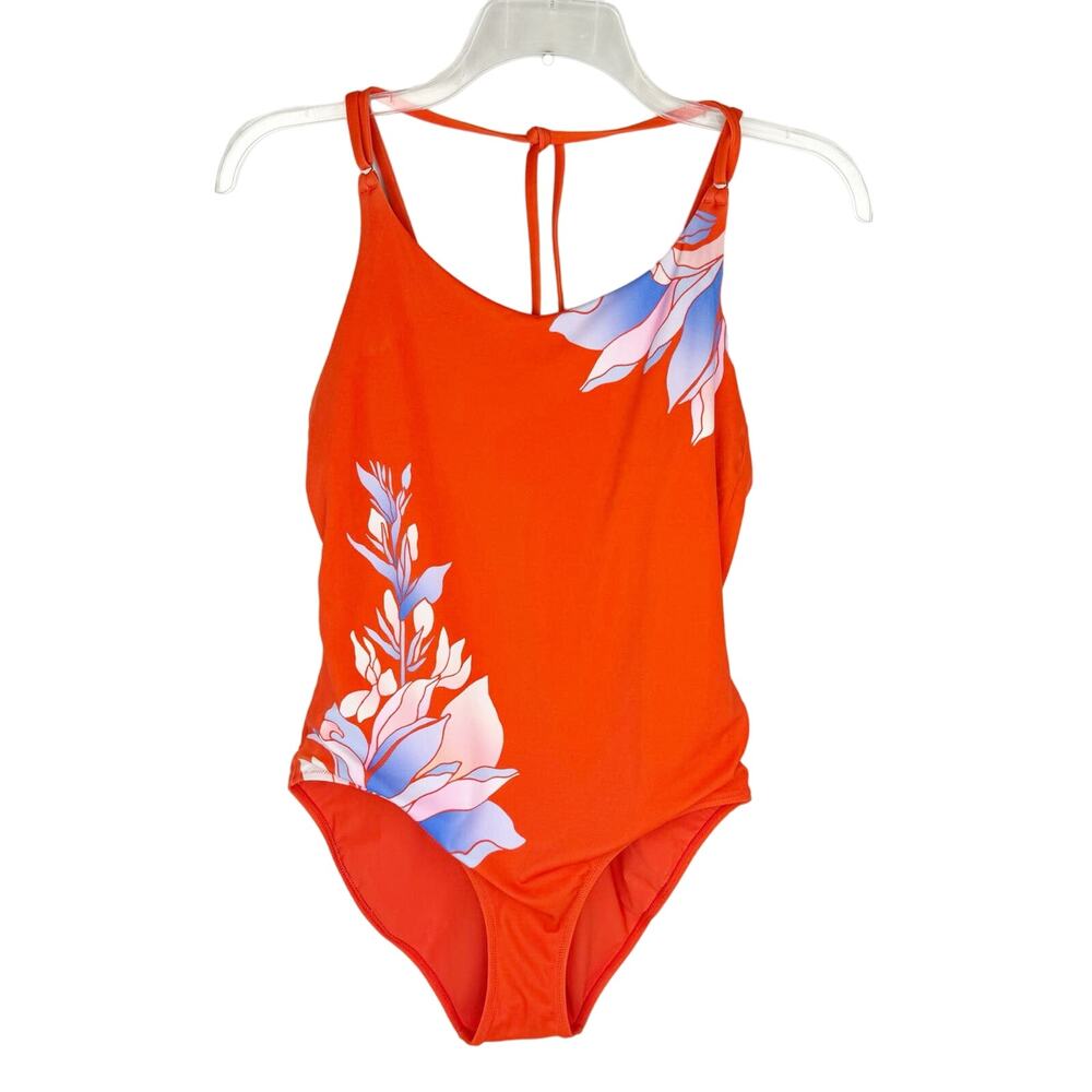 Athleta Orange Vermillion "Vintage" Floral One Piece Swimsuit Sz Medium